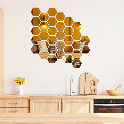 Goelite Hexagonal Mirror with Butterfly Wall Sticker, Glass Stickers for Mosaic Decoration, Acrylic Home Mirror Wallpaper (24 Hexagon Golden) - Image 2