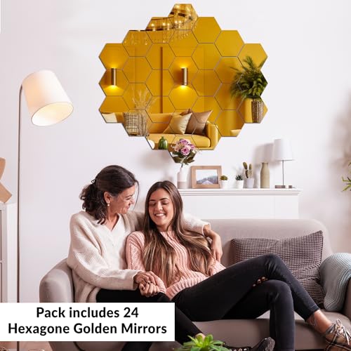 Goelite Hexagonal Mirror with Butterfly Wall Sticker, Glass Stickers for Mosaic Decoration, Acrylic Home Mirror Wallpaper (24 Hexagon Golden) - Image 3