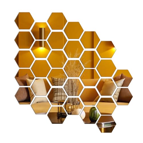 Goelite Hexagonal Mirror with Butterfly Wall Sticker, Glass Stickers for Mosaic Decoration, Acrylic Home Mirror Wallpaper (24 Hexagon Golden) - Image 1