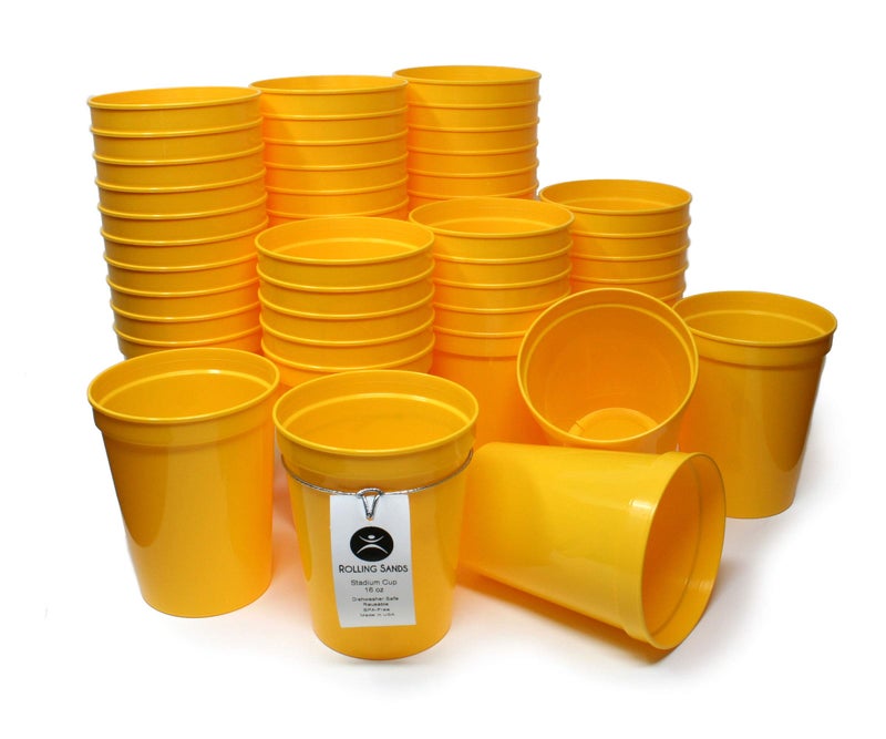 Rolling Sands 16 Oz Reusable Plastic Stadium Cups Bulk 50 Pk USA Made BPAFree Dishwasher Safe Plastic Tumblers Yellow