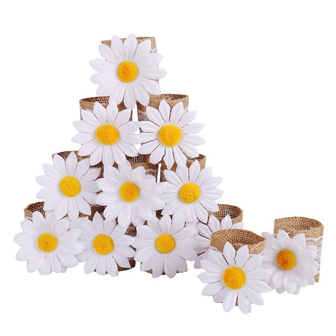HANDMADE DAISY NAPKIN RINGS SET OF 12 LACE LINEN FLOWER NAPKIN HOLDER RINGS TABLE DECORATIONS FOR WEDDING VALENTINES BANQUET CHRISTMAS THANKSGIVING PICNIC