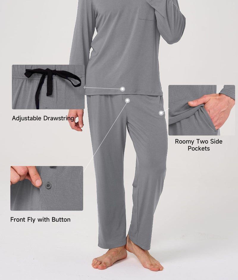 BAMBOO COOL Mens Pajama Set Bamboo Viscose Soft Pijamas Sets for Men Long Sleeve Full Length Pants Pjs Sleepwear with Pockets Grey - Image 5