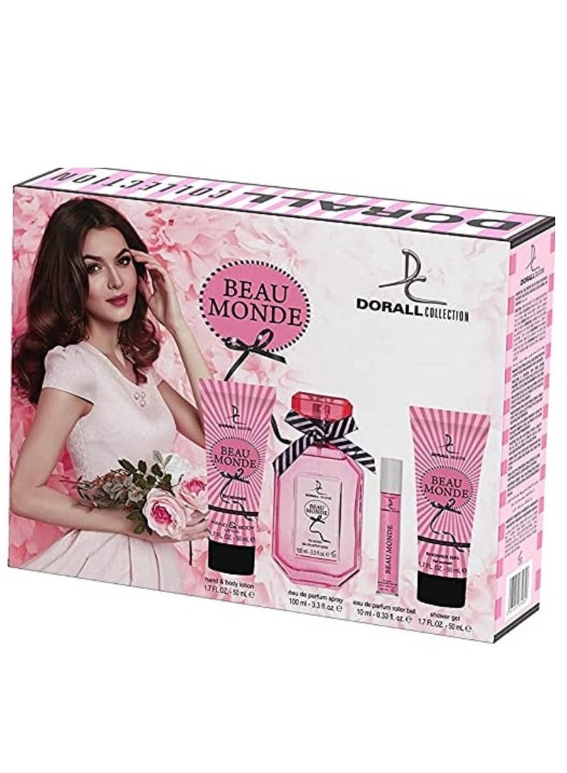DORALL COLLECTION مجموعة هدايا بيو موند 4 قطع عطر 100 مل + كرة رولر 10 مل + جل استحمام 50 مل + لوشن يدين وجسم 50 مل للنساء - Image 3