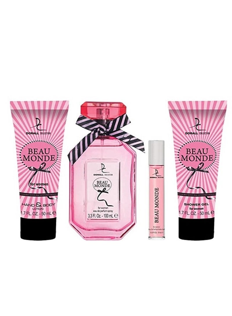 DORALL COLLECTION مجموعة هدايا بيو موند 4 قطع عطر 100 مل + كرة رولر 10 مل + جل استحمام 50 مل + لوشن يدين وجسم 50 مل للنساء - Image 2