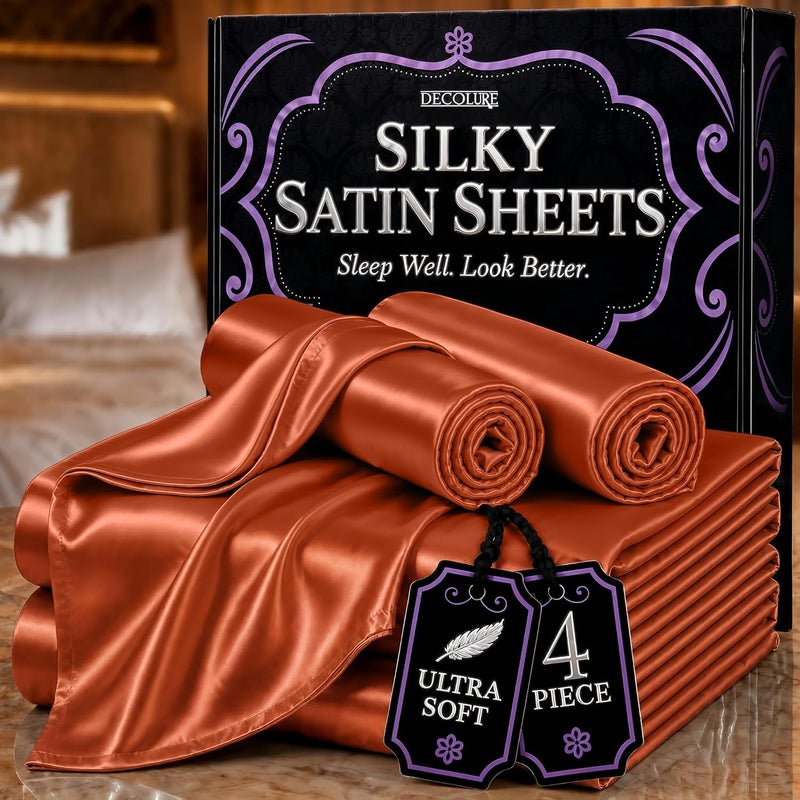 DECOLURE Satin Bed Sheets - 4 Piece Luxury Silky Queen Size Bedding Set - Softer Than Silk, Wrinkle-Free with 15” Deep Pocket Fitted Sheet, Perfect for Hair & Skin, Gifts for Women (Burnt Orange) - Image 1
