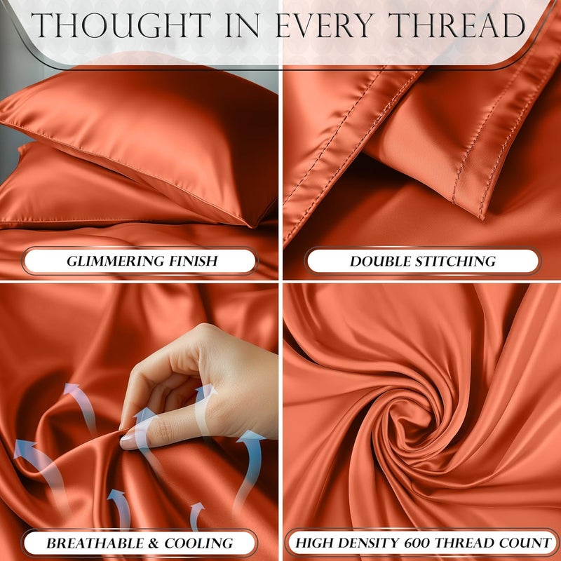 DECOLURE Satin Bed Sheets - 4 Piece Luxury Silky Queen Size Bedding Set - Softer Than Silk, Wrinkle-Free with 15” Deep Pocket Fitted Sheet, Perfect for Hair & Skin, Gifts for Women (Burnt Orange) - Image 3