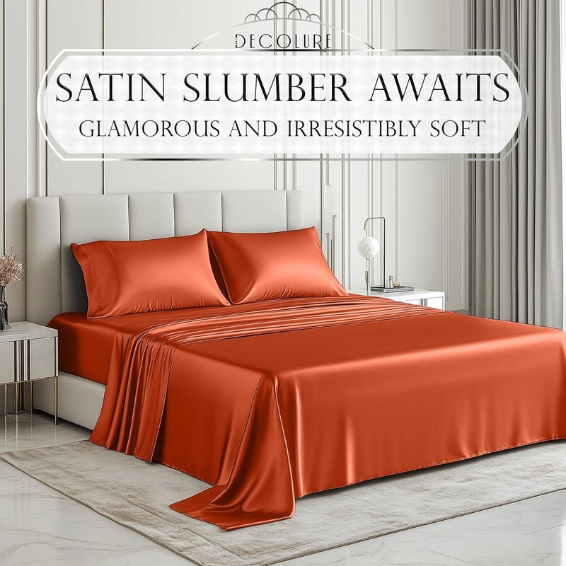 DECOLURE Satin Bed Sheets - 4 Piece Luxury Silky Queen Size Bedding Set - Softer Than Silk, Wrinkle-Free with 15” Deep Pocket Fitted Sheet, Perfect for Hair & Skin, Gifts for Women (Burnt Orange) - Image 2