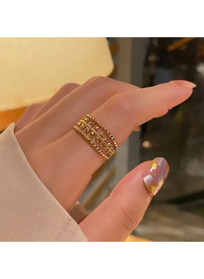 Wide Gold Intertwined Leaves/Flowers Ring with Beaded Edge - 316L Stainless Steel Waterproof - Free Size Adjustable - Image 1