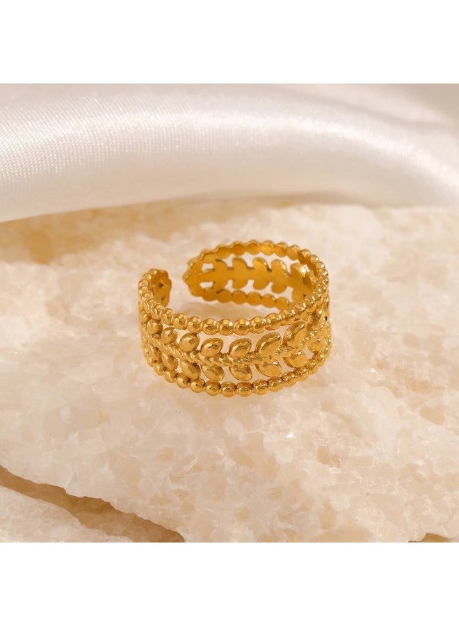 Wide Gold Intertwined Leaves/Flowers Ring with Beaded Edge - 316L Stainless Steel Waterproof - Free Size Adjustable - Image 3