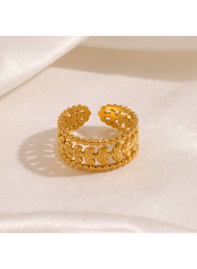 Wide Gold Intertwined Leaves/Flowers Ring with Beaded Edge - 316L Stainless Steel Waterproof - Free Size Adjustable - Image 2