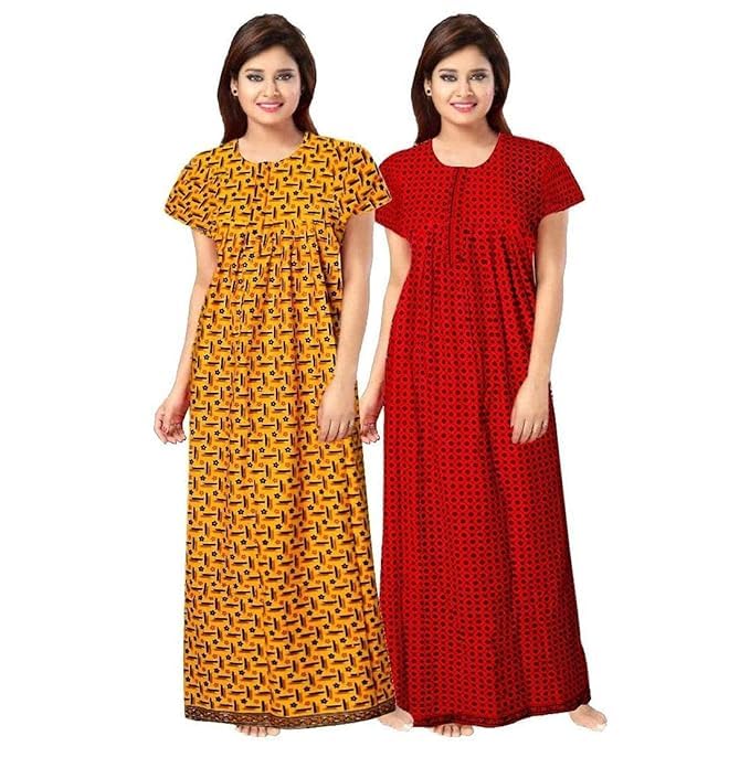 KBNBJ Nighty for Women Cotton Printed Maxi Gown Ankle Length Nighty Night Dress Gown for Women Maxi - Free Size (Pack of 2) (Free Size, 4 Red & Yellow) - Image 1