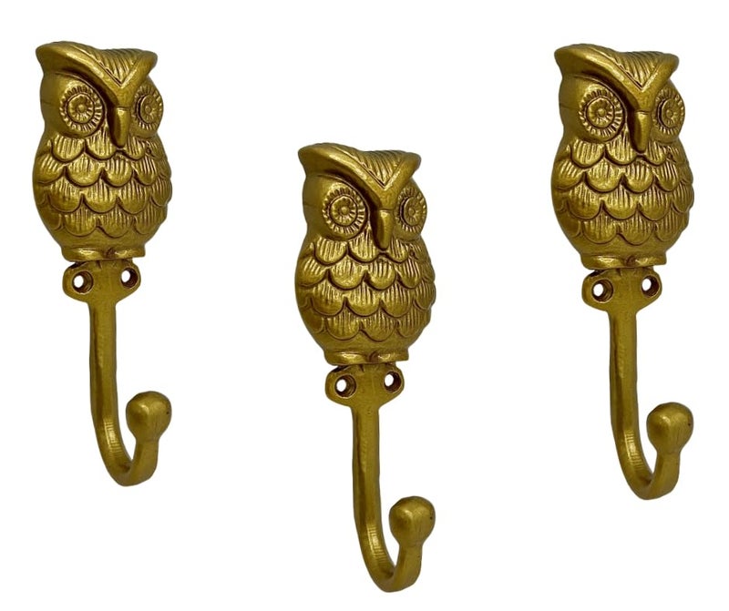AYZCORP Set of 3 Cast Iron OWL Shape Coat Hooks Wall Art DecorOWL Shape Hangers and Key HolderClothes Rack and Backpack HangerCoat Hooks Home Decor for StorageLiving Room Gold - Image 1