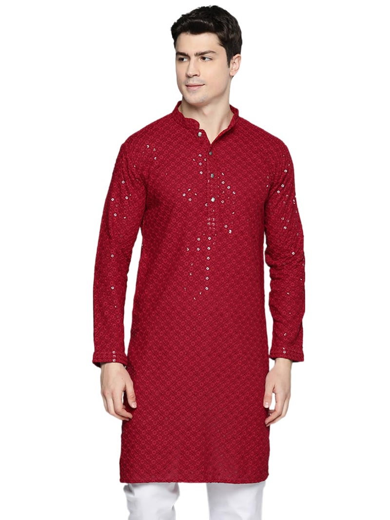 jompers قميص جومبرز الأحمر المطرز من القطن مع الخرز للرجال - Image 1