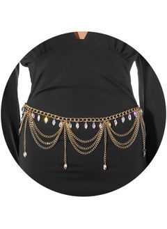 ELABEST Rhinestone Metal Waist Chain Gold Tassel Layered Crystal Chain Belt Waist Jewelry Accessories Women  - Image 1
