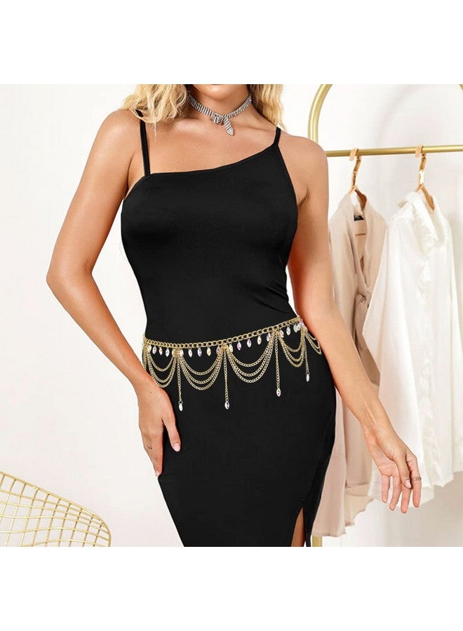ELABEST Rhinestone Metal Waist Chain Gold Tassel Layered Crystal Chain Belt Waist Jewelry Accessories Women - Image 2