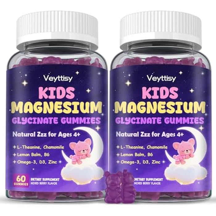 Veyttisy Magnesium Glycinate Gummies for Kids 4+: Sugar Free Magnesium Bisglycinate Gummy with Chamomile, L-Theanine, Lemon Balm, B6, Omega 3, Zinc - Gluten Free, Non-GMO, Vegan, Mixed Berry Flavor - Image 1