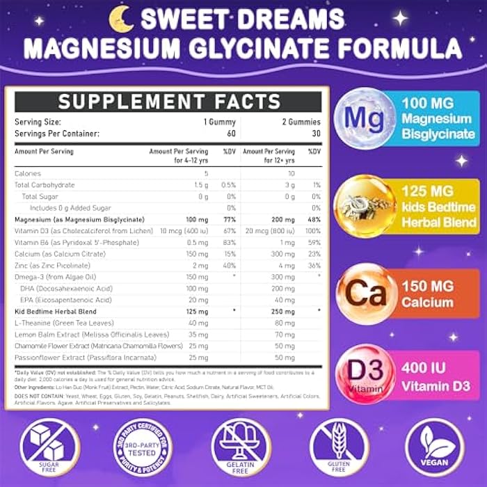 Veyttisy Magnesium Glycinate Gummies for Kids 4+: Sugar Free Magnesium Bisglycinate Gummy with Chamomile, L-Theanine, Lemon Balm, B6, Omega 3, Zinc - Gluten Free, Non-GMO, Vegan, Mixed Berry Flavor - Image 2