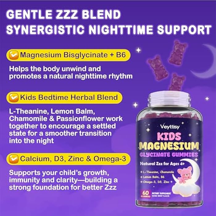 Veyttisy Magnesium Glycinate Gummies for Kids 4+: Sugar Free Magnesium Bisglycinate Gummy with Chamomile, L-Theanine, Lemon Balm, B6, Omega 3, Zinc - Gluten Free, Non-GMO, Vegan, Mixed Berry Flavor - Image 4