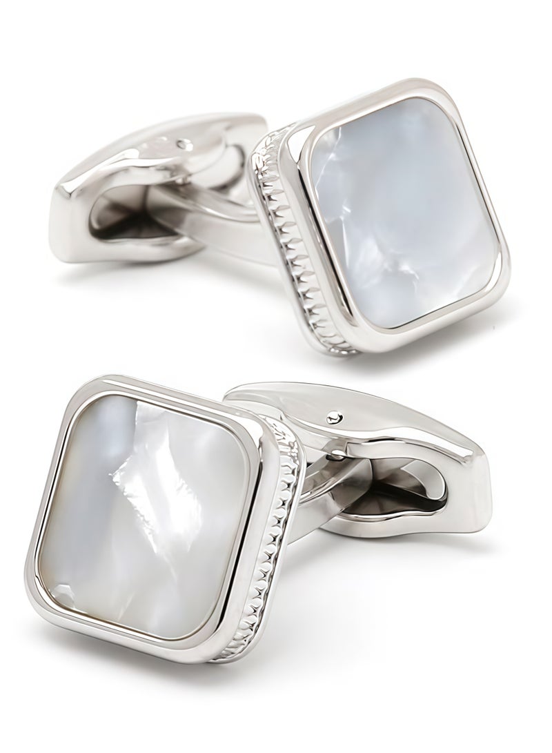 أزرار أكمام مربعة فضية فاخرة فرنسية بسيطة مع تطعيم صدفي - Image 1