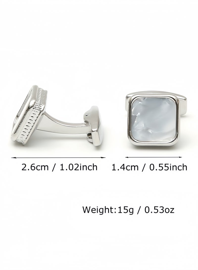 أزرار أكمام مربعة فضية فاخرة فرنسية بسيطة مع تطعيم صدفي - Image 2