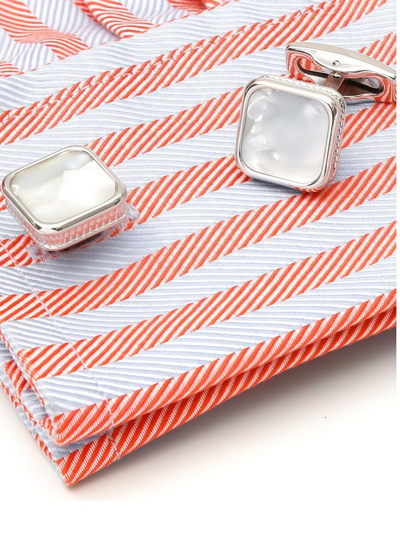 أزرار أكمام مربعة فضية فاخرة فرنسية بسيطة مع تطعيم صدفي - Image 5