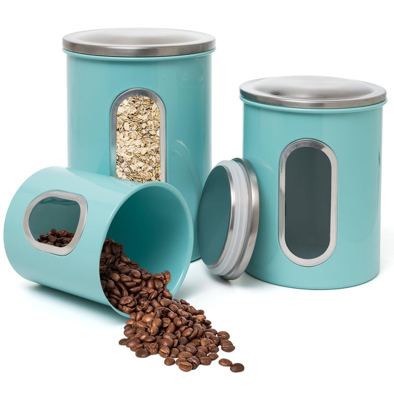 Mixpresso 3-Piece Aqua Blue Canisters Sets For The Kitchen, Airtight Canister Set With See Through Window, Storage Jars for Coffee Container, Tea Organizer & Sugar Canister, Kitchen Canisters - Image 1