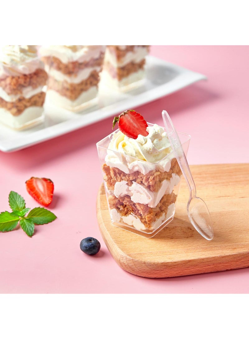 Sweet seven أكواب حلوى مصغرة متعددة الاستخدامات سعة 5 أونص مع ملاعق - عبوة 100 كوب بلاستيكي شفاف للمقبلات للحفلات والحلويات وأكواب جوبليه وأكواب بارفيه مربعة - Image 5