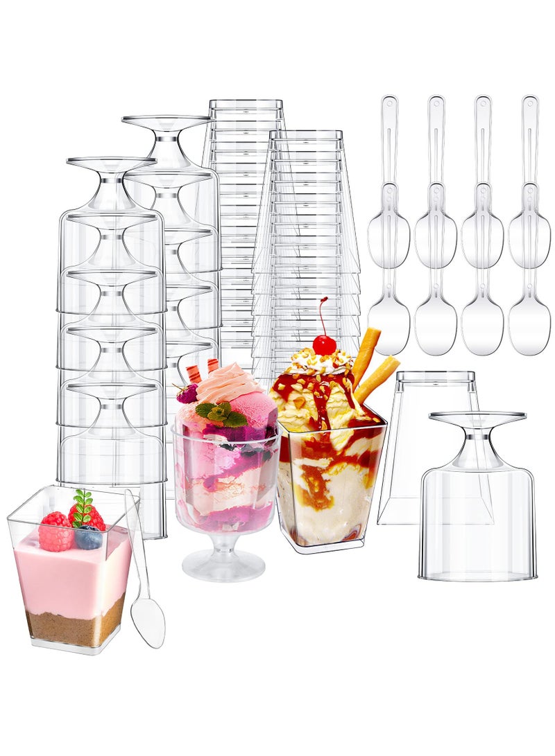 Sweet seven أكواب حلوى مصغرة متعددة الاستخدامات سعة 5 أونص مع ملاعق - عبوة 100 كوب بلاستيكي شفاف للمقبلات للحفلات والحلويات وأكواب جوبليه وأكواب بارفيه مربعة - Image 1