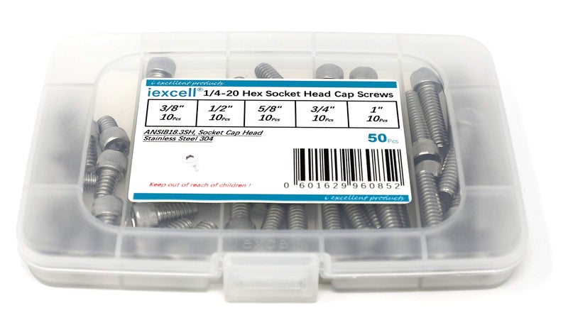 Iexcell 50 Pcs 1/4-20 X 3/8"" 1/2"" 5/8"" 3/4"" 1"" Stainless Steel 304 Hex Socket Head Cap Screws Bolts Assortment - Image 1