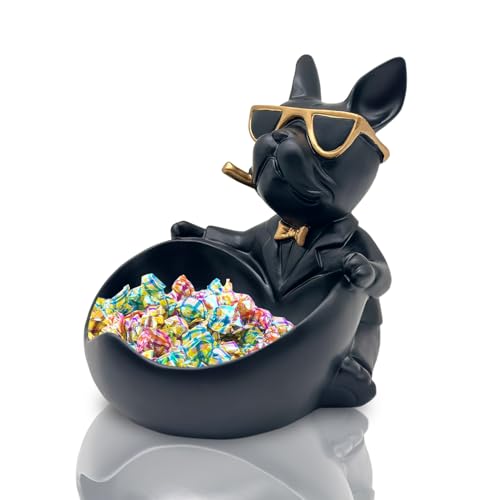 Huhote Bulldog Candy Bowl Decor, Heart-shaped Key Holder Bowl Candy Dish, Bulldog Accessories, Resin Bulldog Statue for Office Desk Home Decor Figurines Entryway Table Decor (Black) - Image 1