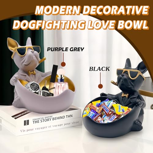 Huhote Bulldog Candy Bowl Decor, Heart-shaped Key Holder Bowl Candy Dish, Bulldog Accessories, Resin Bulldog Statue for Office Desk Home Decor Figurines Entryway Table Decor (Black) - Image 2