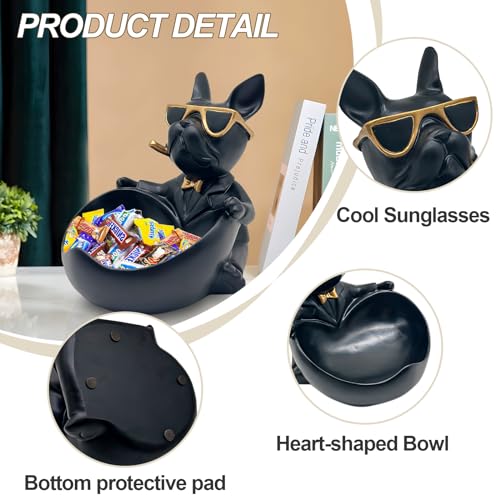 Huhote Bulldog Candy Bowl Decor, Heart-shaped Key Holder Bowl Candy Dish, Bulldog Accessories, Resin Bulldog Statue for Office Desk Home Decor Figurines Entryway Table Decor (Black) - Image 4