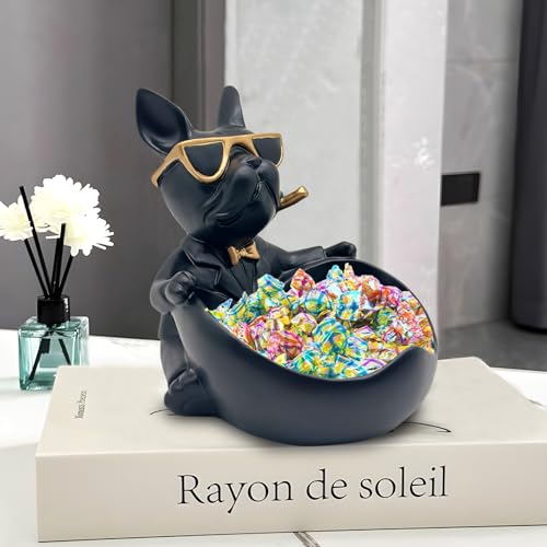Huhote Bulldog Candy Bowl Decor, Heart-shaped Key Holder Bowl Candy Dish, Bulldog Accessories, Resin Bulldog Statue for Office Desk Home Decor Figurines Entryway Table Decor (Black) - Image 5