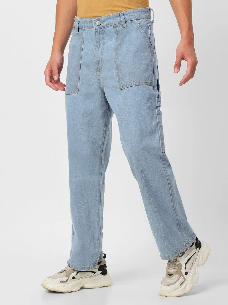 أوربانو فاشن Urbano Fashion Men's Ice Blue Loose Fit Cargo Carpenter Jeans With 6 Pockets Non-Stretchable
