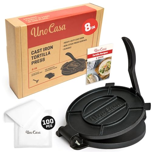 Uno Casa Cast Iron Tortilla Press 8 Inch - Tortilla Maker Press, Pre-Seasoned Roti Maker with 100 Pcs Parchment Paper - Heavy Duty Quesadilla Maker for Homemade Flatbreads, Rotis, Empanadas - Image 1