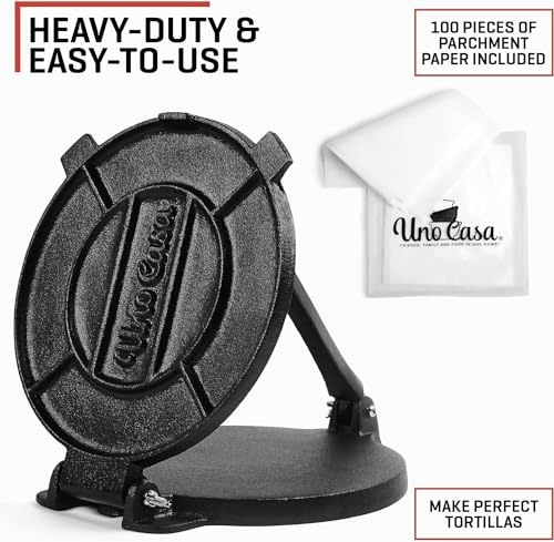 Uno Casa Cast Iron Tortilla Press 8 Inch - Tortilla Maker Press, Pre-Seasoned Roti Maker with 100 Pcs Parchment Paper - Heavy Duty Quesadilla Maker for Homemade Flatbreads, Rotis, Empanadas - Image 3
