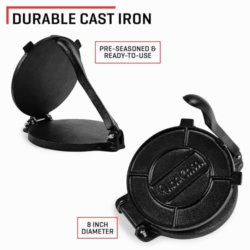 Uno Casa Cast Iron Tortilla Press 8 Inch - Tortilla Maker Press, Pre-Seasoned Roti Maker with 100 Pcs Parchment Paper - Heavy Duty Quesadilla Maker for Homemade Flatbreads, Rotis, Empanadas - Image 2