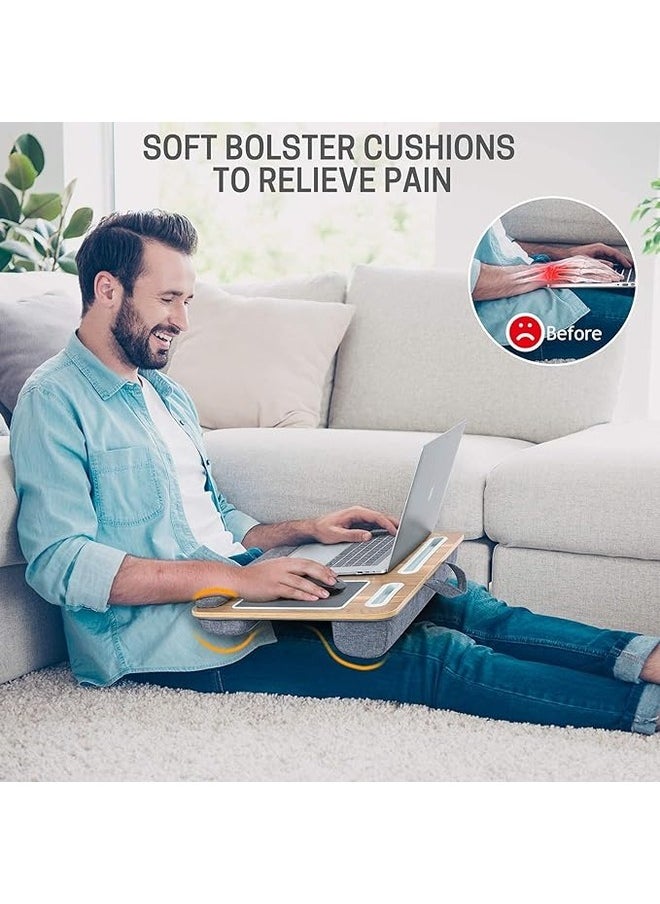 Laptop Tray with Pillow, Compact Computer Desk, Mouse Pad and Wrist Rest for Notebook up to 17 Inch with MacBook, Laptop Stand with Tablet, Pen and Mobile Holder