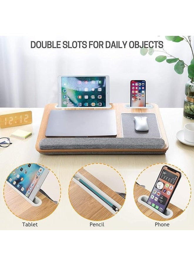 Laptop Tray with Pillow, Compact Computer Desk, Mouse Pad and Wrist Rest for Notebook up to 17 Inch with MacBook, Laptop Stand with Tablet, Pen and Mobile Holder