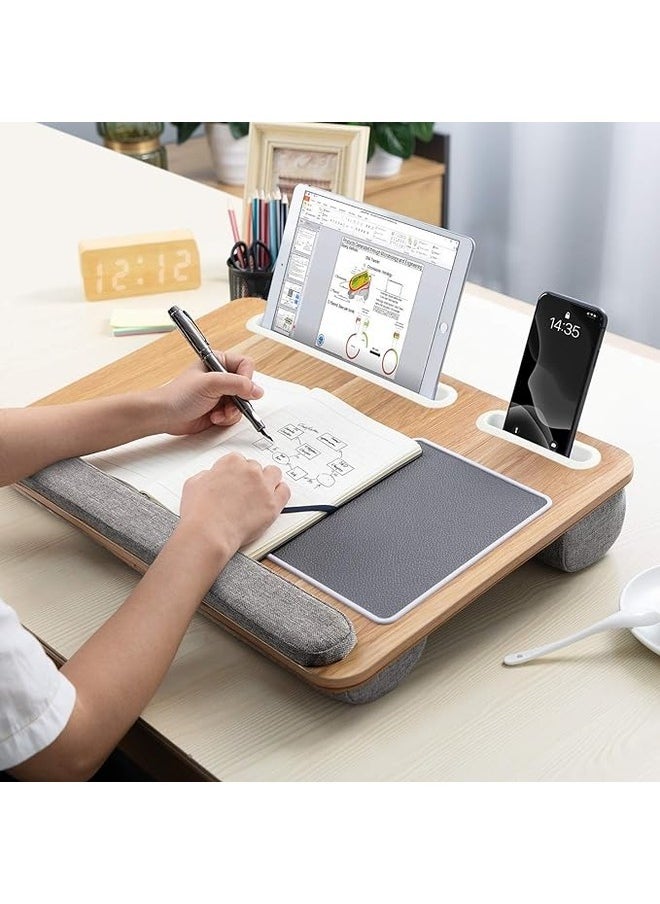 Laptop Tray with Pillow, Compact Computer Desk, Mouse Pad and Wrist Rest for Notebook up to 17 Inch with MacBook, Laptop Stand with Tablet, Pen and Mobile Holder