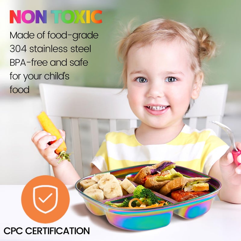 MIMORE Stainless Steel Kids Plates - 5 Pack Toddler Plates with Lids - Non Toxic & Divided - Image 2