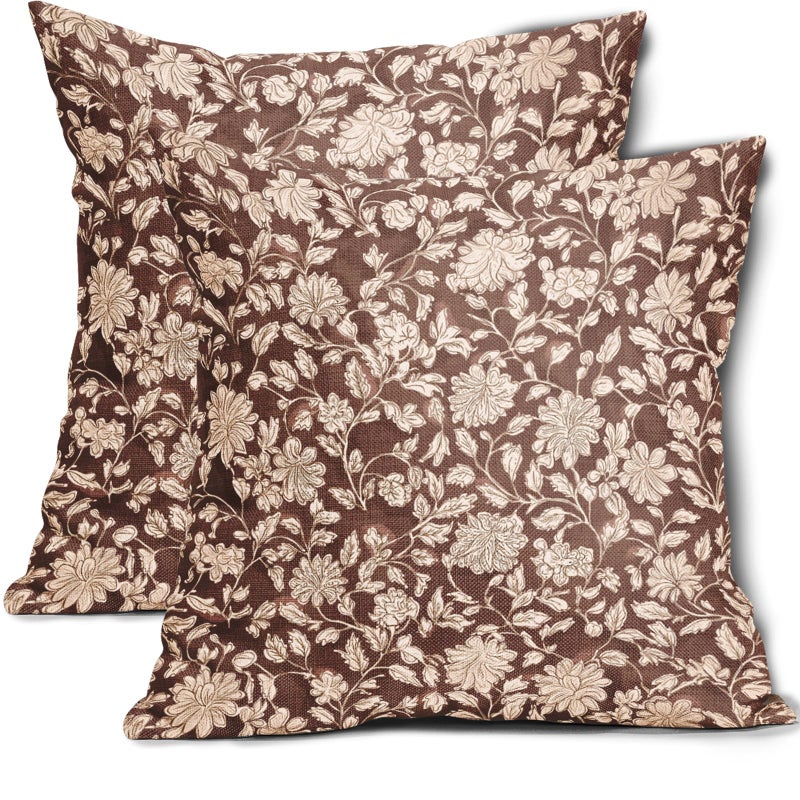 Anyako Brown Floral Pillowcase Set of 2 Brown and Cream Vintage Floral Throw Pillows Square 18x18 Inch Rustic Flowers Print Pillow Cushion Covers Farmhouse Decor for Home Living Room Bed Couch Sofa Outdoor - Image 1