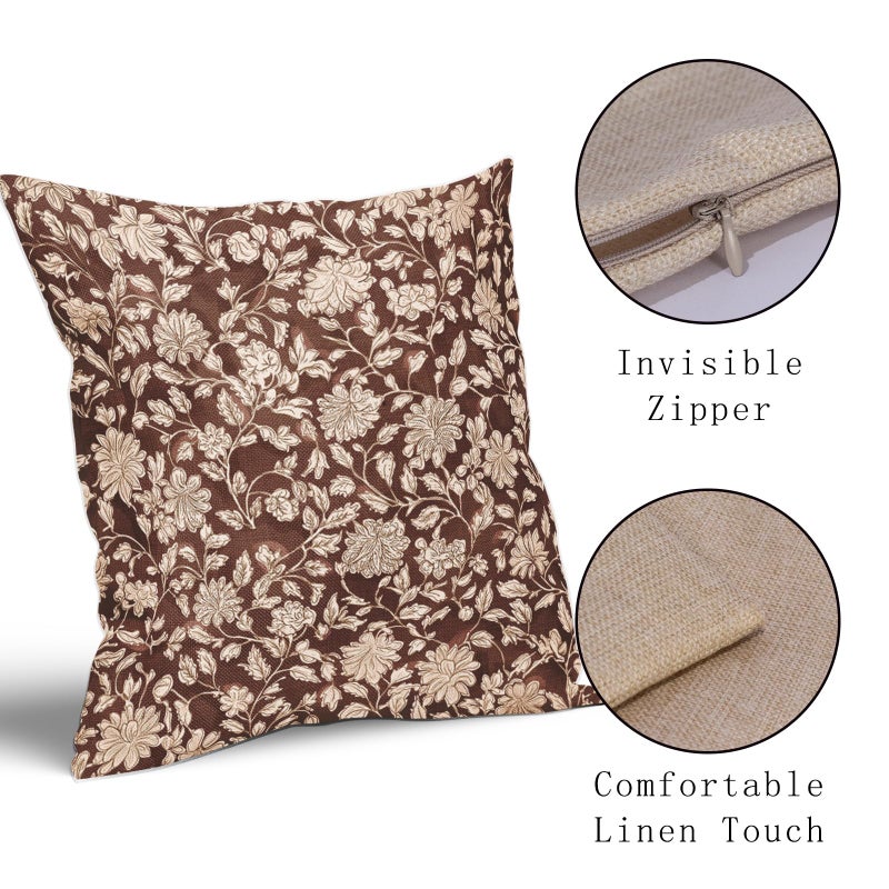 Anyako Brown Floral Pillowcase Set of 2 Brown and Cream Vintage Floral Throw Pillows Square 18x18 Inch Rustic Flowers Print Pillow Cushion Covers Farmhouse Decor for Home Living Room Bed Couch Sofa Outdoor - Image 4