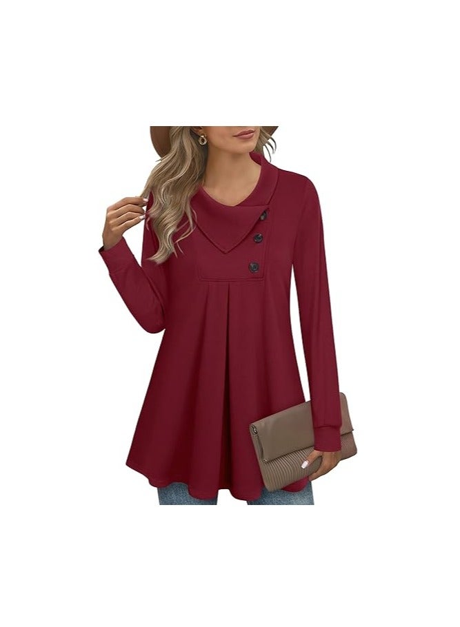 Women's Long Sleeve Button Lapel Pullover Tunic Swing Sweatshirt  - Image 1