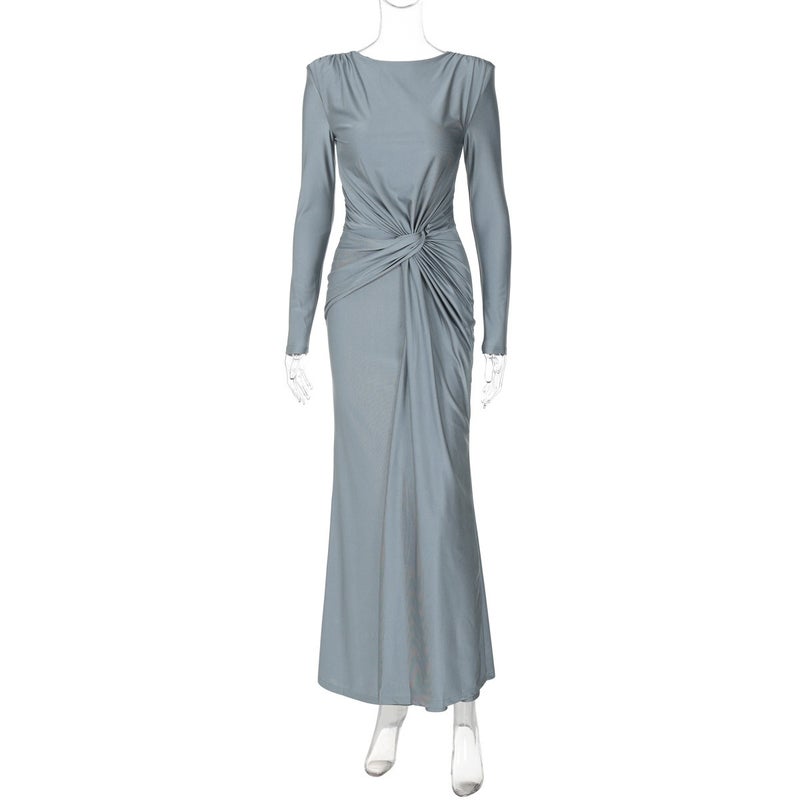 Elegant Women's Evening Dress 2025 New Arrival Slim Fit Round Neck Long Sleeve Midi Dress