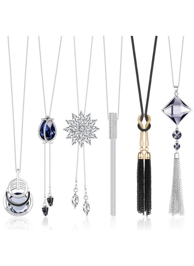 6Pcs Women Long Sweater Necklace Silver Plated Rhinestone Flower Tassel Pendant Neckace Jewelry Women Gifts - pzsku/Z993D51AA35A3CC036168Z/45/_/1735214663/9de7f9d4-4bbb-4c2d-80a6-00c3dcd8a63a