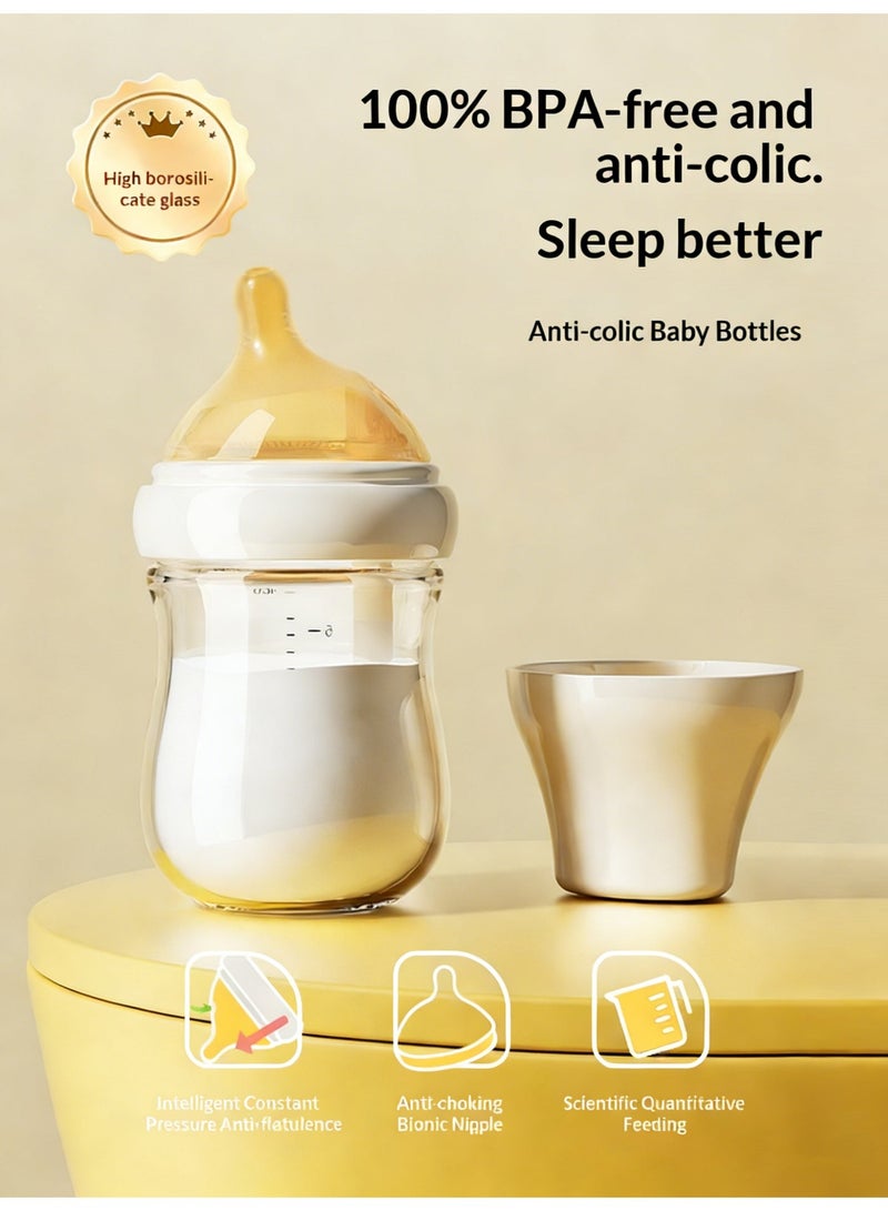 Anti-Colic Newborn Glass Feeding Bottle 240ml, BPA-Free Silicone Nipple, Wide Neck Baby Bottle for 0+ Months - Image 5