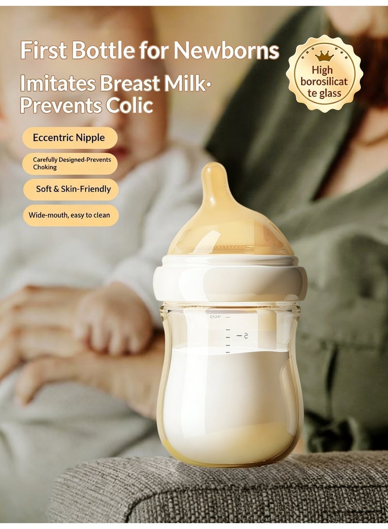 Anti-Colic Newborn Glass Feeding Bottle 240ml, BPA-Free Silicone Nipple, Wide Neck Baby Bottle for 0+ Months - Image 4