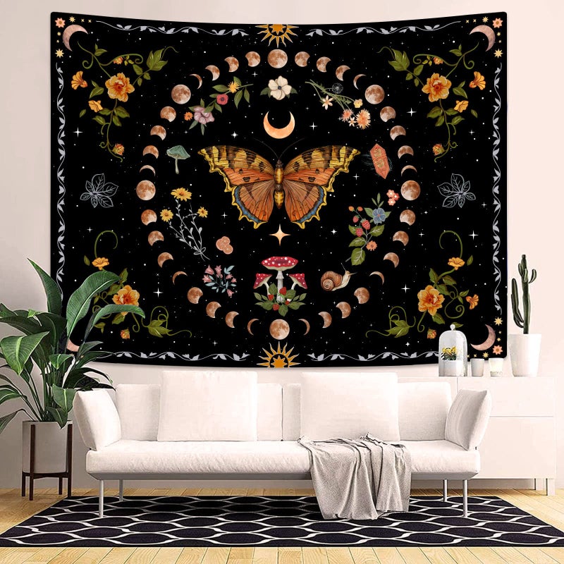 Aipon Orange Butterfly Moon Flower Tapestry Botanical Floral Plant Boho Tapestry for Bedroom Aesthetic Vintage Tapestries Wall Hanging for Living Room Dorm (36.00" x 48.00", Orange) - Image 4