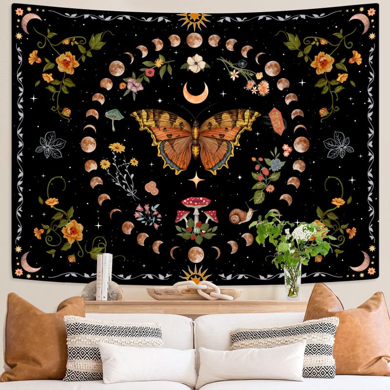 Aipon Orange Butterfly Moon Flower Tapestry Botanical Floral Plant Boho Tapestry for Bedroom Aesthetic Vintage Tapestries Wall Hanging for Living Room Dorm (36.00" x 48.00", Orange) - Image 3